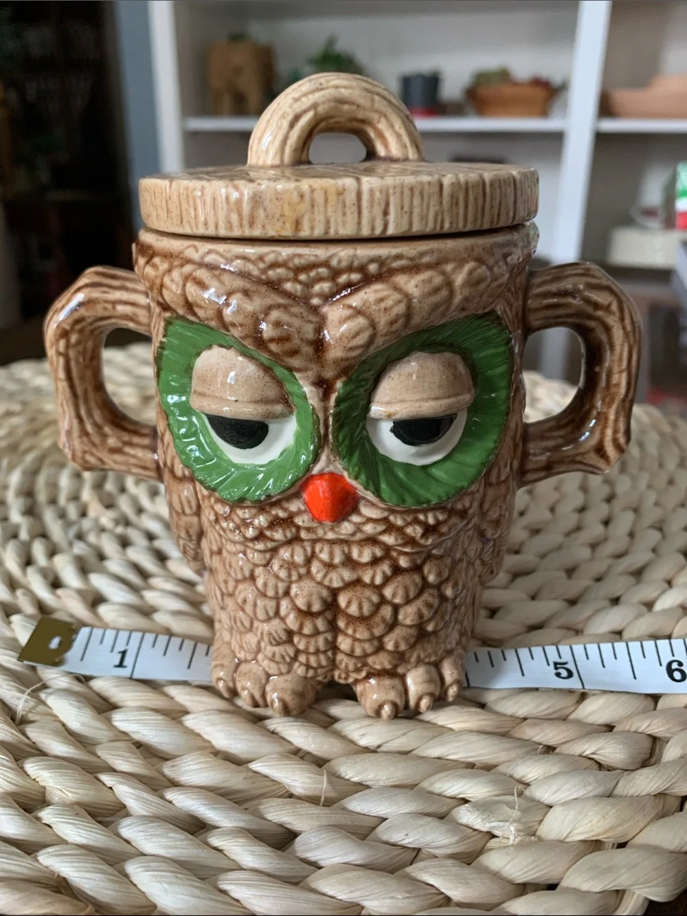 Vintage 70’s Ceramic Double Handled, 2 Sided Sleepy Owl Mug with Lid, 10 oz cup.